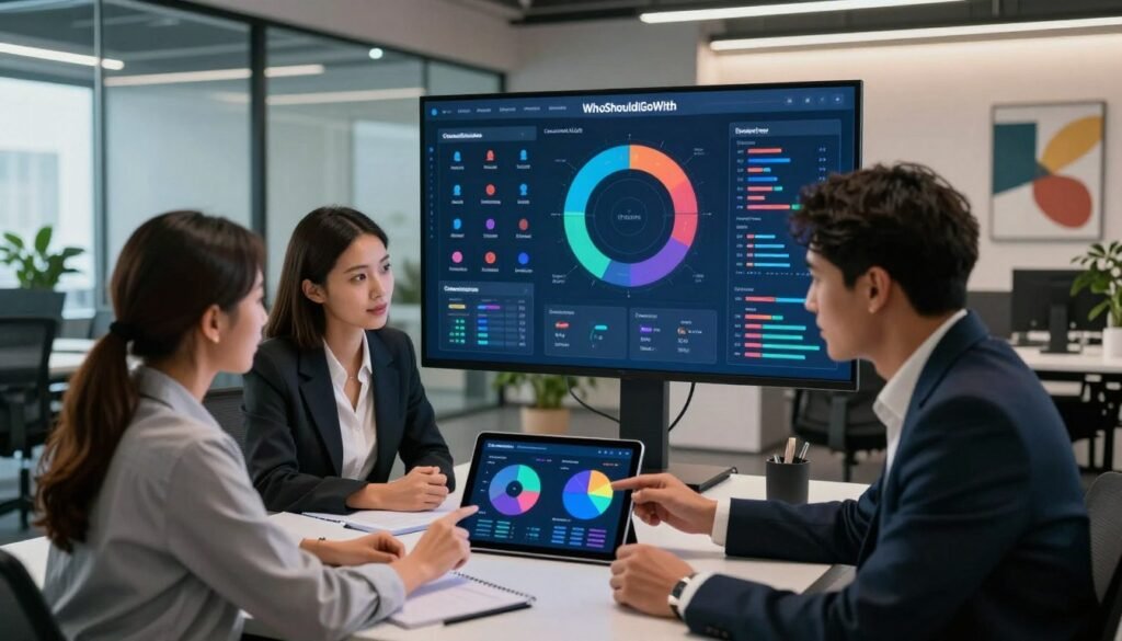 A modern office setting showcasing customer segmentation in action. In the foreground, a diverse group of three professionals in business attire—one male and two females—analyzing colorful pie charts and graphs on a digital tablet. In the middle ground, a large touchscreen display shows segmented customer profiles with icons representing demographics, behaviors, and preferences. The background features a sleek, well-lit workspace with glass walls, potted plants, and abstract artwork to convey a progressive atmosphere. Use bright, inspiring lighting to create a motivating ambiance, focusing on the professionals’ engaged expressions. Shot from a slightly elevated angle to capture both the team and the impressive data visualization. Include the brand name "WhoShouldIGoWith" subtly integrated into the digital interface on the screen.