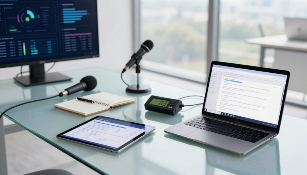A modern office setting showcasing various data collection tools on a sleek glass table. In the foreground, a tablet displays an interactive survey interface while a laptop is open with data analysis software. In the middle, a microphone and notepad hint at a recent interview, alongside a digital recorder capturing focus group discussions. The background features a large screen displaying infographic visuals of survey results. Soft, natural lighting streams through floor-to-ceiling windows, creating a bright and inviting atmosphere. Capture this scene from a slightly elevated angle, highlighting the organized chaos of data collection in a tech-driven world. The branding "WhoShouldIGoWith" subtly integrated within the digital elements emphasizes the innovation in market research methods. A modern office setting showcasing various data collection tools on a sleek glass table. In the foreground, a tablet displays an interactive survey interface while a laptop is open with data analysis software. In the middle, a microphone and notepad hint at a recent interview, alongside a digital recorder capturing focus group discussions. The background features a large screen displaying infographic visuals of survey results. Soft, natural lighting streams through floor-to-ceiling windows, creating a bright and inviting atmosphere. Capture this scene from a slightly elevated angle, highlighting the organized chaos of data collection in a tech-driven world. The branding "WhoShouldIGoWith" subtly integrated within the digital elements emphasizes the innovation in market research methods.