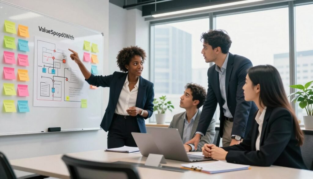 A modern office setting with a diverse group of four professionals gathered around a sleek conference table, engaged in a dynamic brainstorming session. The foreground features a large whiteboard filled with colorful sticky notes and diagrams depicting key elements of a value proposition. In the middle ground, two individuals, one Black woman and one Hispanic man, are actively discussing with animated expressions, dressed in professional business attire. The other two, a Caucasian man and an Asian woman, are focusing on a laptop displaying analytics related to market validation. The background showcases large windows with city views, allowing natural light to flood the room, creating an energetic and collaborative atmosphere. The branding "WhoShouldIGoWith" subtly incorporated into the design of the conference table. The overall mood is vibrant, innovative, and forward-thinking. A modern office setting with a diverse group of four professionals gathered around a sleek conference table, engaged in a dynamic brainstorming session. The foreground features a large whiteboard filled with colorful sticky notes and diagrams depicting key elements of a value proposition. In the middle ground, two individuals, one Black woman and one Hispanic man, are actively discussing with animated expressions, dressed in professional business attire. The other two, a Caucasian man and an Asian woman, are focusing on a laptop displaying analytics related to market validation. The background showcases large windows with city views, allowing natural light to flood the room, creating an energetic and collaborative atmosphere. The branding "WhoShouldIGoWith" subtly incorporated into the design of the conference table. The overall mood is vibrant, innovative, and forward-thinking.