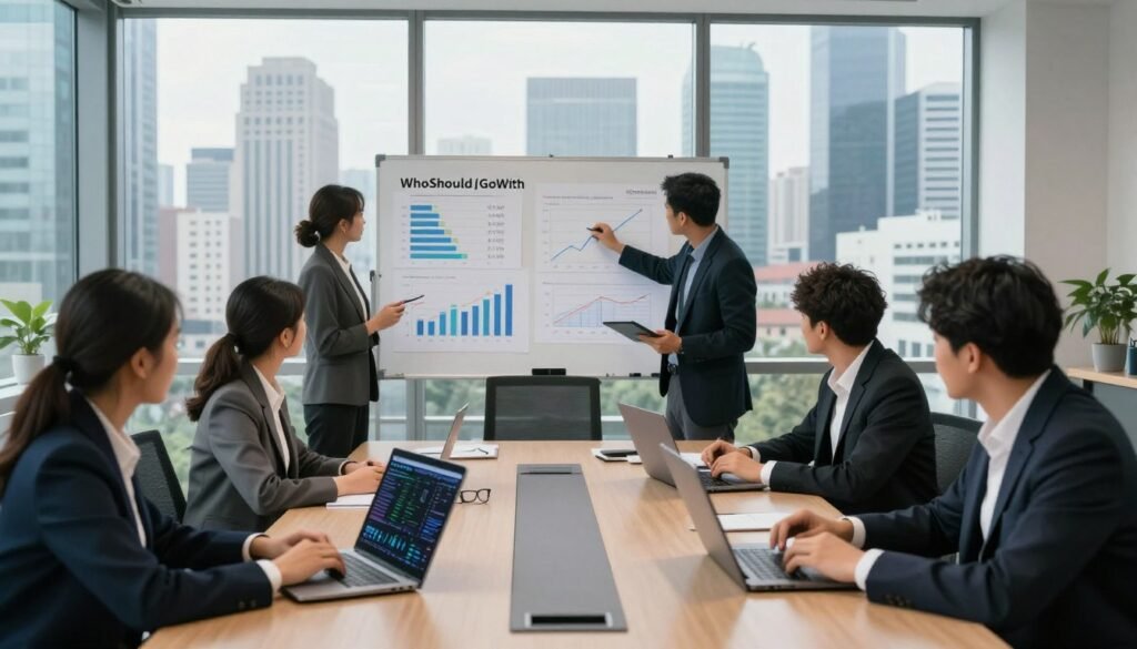 A modern office setting with a large conference table in the foreground, featuring professionals in business attire analyzing market data on laptops and tablets. In the middle, a whiteboard displays charts and graphs highlighting competitive intelligence metrics, such as market share and growth opportunities. The background showcases a panoramic city view through floor-to-ceiling windows, emphasizing a vibrant business environment. Soft, natural lighting streams in, creating an inviting atmosphere. The composition uses a wide-angle lens to capture the teamwork and collaboration among diverse individuals, reflecting a sense of urgency and focus. The brand name "WhoShouldIGoWith" subtly integrated into the scene, enhancing the professional context without being intrusive. A modern office setting with a large conference table in the foreground, featuring professionals in business attire analyzing market data on laptops and tablets. In the middle, a whiteboard displays charts and graphs highlighting competitive intelligence metrics, such as market share and growth opportunities. The background showcases a panoramic city view through floor-to-ceiling windows, emphasizing a vibrant business environment. Soft, natural lighting streams in, creating an inviting atmosphere. The composition uses a wide-angle lens to capture the teamwork and collaboration among diverse individuals, reflecting a sense of urgency and focus. The brand name "WhoShouldIGoWith" subtly integrated into the scene, enhancing the professional context without being intrusive.