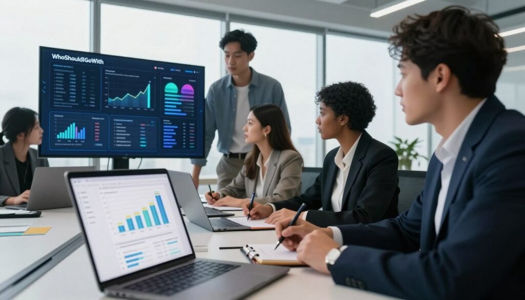 A modern office setting with a sleek, minimalistic design, showcasing a team of diverse professionals in business attire engaged in a collaborative discussion around a digital screen displaying social media analytics and trends. In the foreground, a close-up of a laptop showing graphs and data related to social listening metrics. The middle ground reveals the team members, including a woman and a man of different ethnicities, brainstorming ideas and taking notes. In the background, large windows let in soft natural light, creating an inviting atmosphere. The overall mood conveys focus, teamwork, and innovation, while the brand name "WhoShouldIGoWith" is subtly integrated into the digital screen display, emphasizing a successful social listening strategy. Soft shadows enhance depth and clarity.