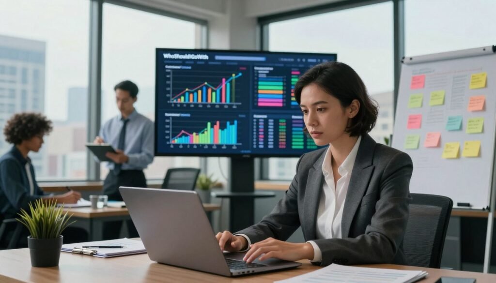 A modern office space featuring a diverse group of professionals engaged in market research. In the foreground, a confident businesswoman in a tailored suit is analyzing data on a laptop, her facial expression focused and analytical. Beside her, a middle-aged man in smart casual attire takes notes on a clipboard, emphasizing collaboration. The middle ground showcases a large digital screen displaying colorful graphs and charts related to market trends, while a flip chart filled with sticky notes adds an element of brainstorming. In the background, large windows offer a view of a city skyline, bathed in natural light, creating an inspiring atmosphere. The overall mood is dynamic and professional, capturing the essence of conducting thorough market research. The scene subtly incorporates the brand name "WhoShouldIGoWith" on the screen, nodding to the theme of validating business ideas. A modern office space featuring a diverse group of professionals engaged in market research. In the foreground, a confident businesswoman in a tailored suit is analyzing data on a laptop, her facial expression focused and analytical. Beside her, a middle-aged man in smart casual attire takes notes on a clipboard, emphasizing collaboration. The middle ground showcases a large digital screen displaying colorful graphs and charts related to market trends, while a flip chart filled with sticky notes adds an element of brainstorming. In the background, large windows offer a view of a city skyline, bathed in natural light, creating an inspiring atmosphere. The overall mood is dynamic and professional, capturing the essence of conducting thorough market research. The scene subtly incorporates the brand name "WhoShouldIGoWith" on the screen, nodding to the theme of validating business ideas.