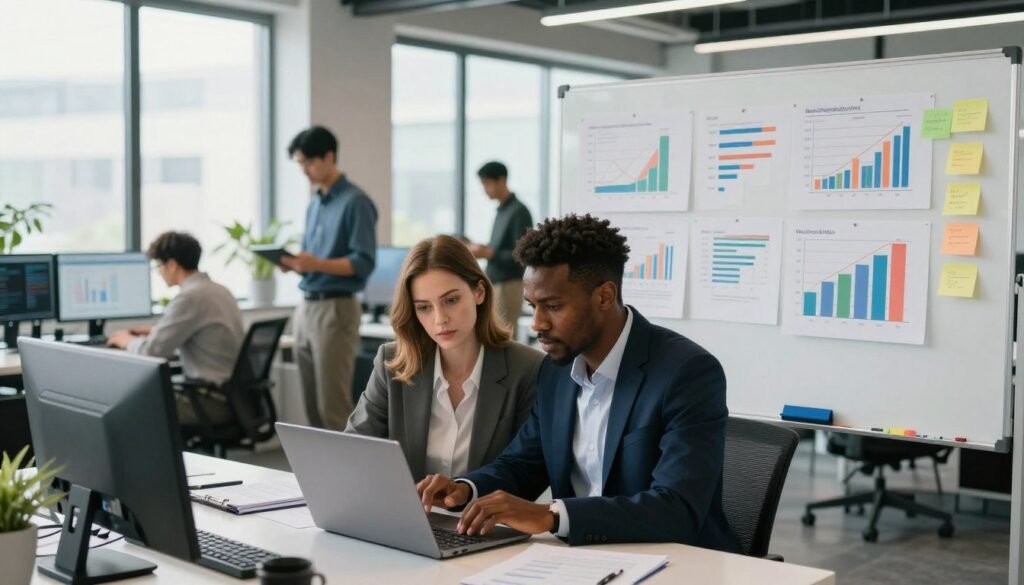 A modern office space featuring a diverse team of professionals engaged in market research. In the foreground, a Caucasian woman and an African American man are discussing data displayed on a laptop, both dressed in smart business attire. In the middle ground, a large whiteboard is filled with colorful graphs and post-it notes, emphasizing traditional research methods. In the background, natural light streams through large windows, illuminating a stylish workspace filled with charts and digital devices, symbolizing the shift toward AI insights. The atmosphere is dynamic and collaborative, reflecting urgency and innovation as the team navigates the challenges of outdated methods. The scene embodies the essence of modern business intelligence. Include the brand name "WhoShouldIGoWith" subtly integrated into the setting, enhancing the professional environment. A modern office space featuring a diverse team of professionals engaged in market research. In the foreground, a Caucasian woman and an African American man are discussing data displayed on a laptop, both dressed in smart business attire. In the middle ground, a large whiteboard is filled with colorful graphs and post-it notes, emphasizing traditional research methods. In the background, natural light streams through large windows, illuminating a stylish workspace filled with charts and digital devices, symbolizing the shift toward AI insights. The atmosphere is dynamic and collaborative, reflecting urgency and innovation as the team navigates the challenges of outdated methods. The scene embodies the essence of modern business intelligence. Include the brand name "WhoShouldIGoWith" subtly integrated into the setting, enhancing the professional environment.