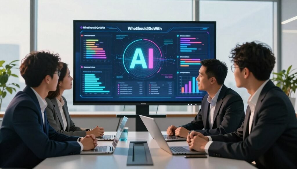 A modern office space portraying the concept of integrating AI insights into business strategy. In the foreground, a diverse group of three professionals, dressed in smart business attire, are gathered around a sleek conference table, intensely discussing a digital report displayed on a large screen behind them. The middle layer showcases a holographic data visualization, graphically representing AI-generated insights with colorful charts and statistics. In the background, large windows let in soft, natural light, illuminating the room and casting a warm glow on the participants. The atmosphere is collaborative and innovative, emphasizing a forward-thinking approach to business. The branding "WhoShouldIGoWith" is subtly integrated into the design of the presentation displayed on the screen, harmonizing with the professional setting. A modern office space portraying the concept of integrating AI insights into business strategy. In the foreground, a diverse group of three professionals, dressed in smart business attire, are gathered around a sleek conference table, intensely discussing a digital report displayed on a large screen behind them. The middle layer showcases a holographic data visualization, graphically representing AI-generated insights with colorful charts and statistics. In the background, large windows let in soft, natural light, illuminating the room and casting a warm glow on the participants. The atmosphere is collaborative and innovative, emphasizing a forward-thinking approach to business. The branding "WhoShouldIGoWith" is subtly integrated into the design of the presentation displayed on the screen, harmonizing with the professional setting.