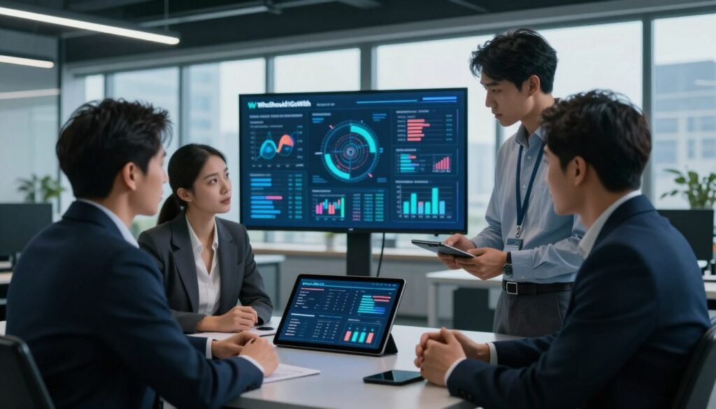 A modern office space reflecting the balance of innovation and human oversight in market research. In the foreground, a group of three professionals in smart business attire, engaged in discussion around a digital tablet displaying market data. The middle layer features high-tech elements like a large screen showing innovative analytics and charts, symbolizing data-driven decision-making. The background boasts large windows with a cityscape visible, allowing natural light to illuminate the scene. The mood is collaborative and focused, emphasizing teamwork and technological advancement. Soft lighting enhances the professional atmosphere, while a sleek design highlights the cutting-edge nature of the research. Include the brand name "WhoShouldIGoWith" subtly within the digital display.
