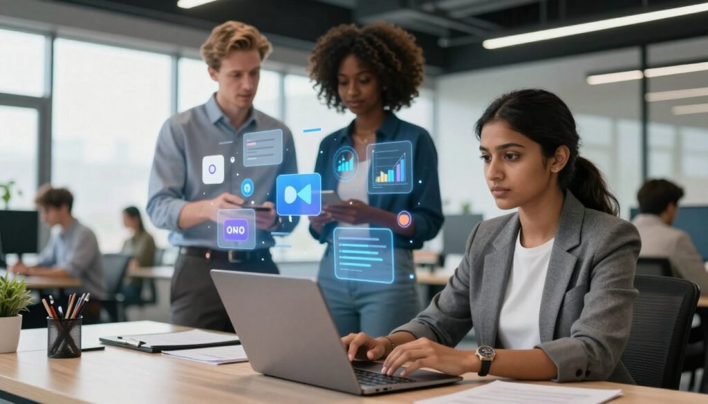 A modern office space showcasing diverse professionals engaged in social listening activities. In the foreground, a South Asian woman wearing a smart casual outfit analyzes social media analytics on her laptop, her focus reflecting determination. In the middle, a Caucasian man discusses insights with a Black female colleague, both dressed in professional attire, surrounded by floating digital icons representing social media platforms and data graphs. The background features a sleek, contemporary office with large windows casting natural light, emphasizing a collaborative atmosphere. The scene conveys a sense of urgency and connection, embodying the exploration of market insights. The brand name "WhoShouldIGoWith" subtly integrated into the digital elements enhances the focus on social listening, inspiring innovation and engagement.