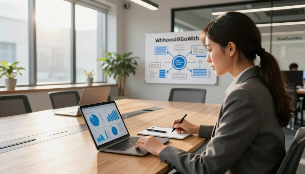 A modern office space showcasing effective communication channels for market research. In the foreground, a professional woman in business attire reviews data on a tablet, displaying graphs and charts. In the middle ground, a well-organized conference table holds a laptop, notepads, and pens, with infographics about communication strategies on the wall. The background features a large window with natural light streaming in, casting a warm glow over the scene. The atmosphere is focused yet collaborative, symbolizing the importance of clear communication. Use a wide-angle lens to capture the entire workspace, highlighting the professional ambiance and strategic planning elements. Include subtle branding of "WhoShouldIGoWith" in the decor.
