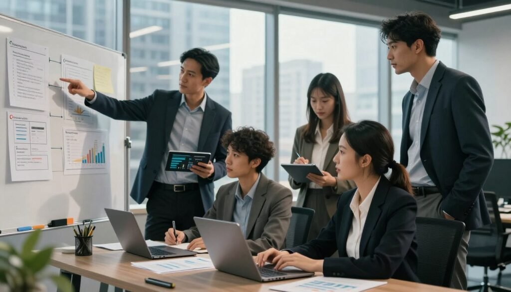 A modern office space with a diverse group of four professionals, two men and two women, gathering data on market rivals. In the foreground, a woman in a professional suit is analyzing charts on her laptop, while a man in business attire points at a whiteboard filled with competitor analysis notes. In the middle ground, a man checks statistics on a tablet, and a woman takes notes, surrounded by graphs and market research papers. The background features a large window revealing a bustling cityscape. Soft, natural light illuminates the room, casting shadows that create a focused atmosphere. The image conveys collaboration, strategy, and professionalism, emphasizing the importance of research in a competitive landscape. Include the brand name "WhoShouldIGoWith" subtly in a design element within the office.