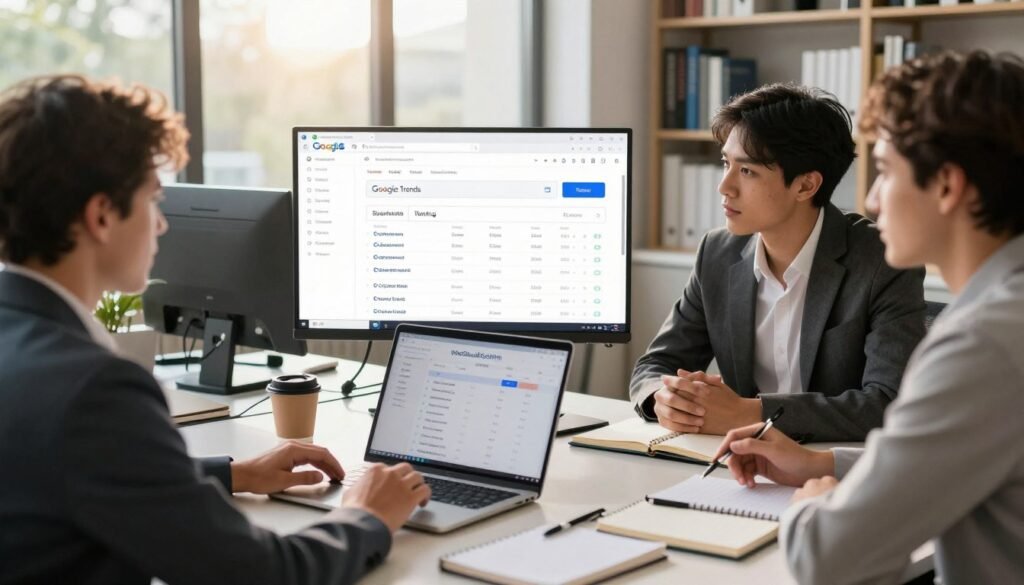 A modern office workspace featuring a computer screen displaying the Google Trends interface, actively showcasing trending search terms and data visuals. In the foreground, professional individuals in business attire are engaged in discussion while analyzing the data on the screen, portraying a collaborative research environment. The middle of the scene highlights an open laptop surrounded by notebooks and pens, emphasizing the organizational aspect of research strategy. The background includes shelves filled with market research books and a large window letting in natural sunlight, creating an optimistic and motivational atmosphere. The lighting is bright and inviting, with a warm tone that conveys professionalism and focus. The brand name "WhoShouldIGoWith" is subtly integrated into the scene with a branded notebook placed on the desk. A modern office workspace featuring a computer screen displaying the Google Trends interface, actively showcasing trending search terms and data visuals. In the foreground, professional individuals in business attire are engaged in discussion while analyzing the data on the screen, portraying a collaborative research environment. The middle of the scene highlights an open laptop surrounded by notebooks and pens, emphasizing the organizational aspect of research strategy. The background includes shelves filled with market research books and a large window letting in natural sunlight, creating an optimistic and motivational atmosphere. The lighting is bright and inviting, with a warm tone that conveys professionalism and focus. The brand name "WhoShouldIGoWith" is subtly integrated into the scene with a branded notebook placed on the desk.