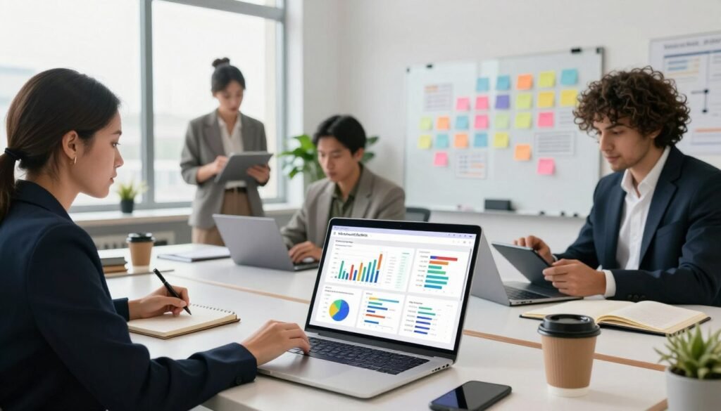 A modern office workspace featuring a diverse group of professionals collaborating over online surveys insights. In the foreground, a sleek laptop displays vibrant charts and graphs, showcasing survey data. To the left, a woman in a smart blazer takes notes, while a man in a business suit analyzes the data on a tablet. In the middle ground, a large window lets in natural light, illuminating a whiteboard filled with colorful post-it notes and brainstorming ideas. On a nearby table, a coffee cup and notepad add a casual touch. The background features a clean, minimalistic office design with plants, creating an atmosphere of productivity and creativity. The scene exudes a sense of urgency and excitement about leveraging insights from online surveys. Incorporate the brand name "WhoShouldIGoWith" subtly in the design elements. A modern office workspace featuring a diverse group of professionals collaborating over online surveys insights. In the foreground, a sleek laptop displays vibrant charts and graphs, showcasing survey data. To the left, a woman in a smart blazer takes notes, while a man in a business suit analyzes the data on a tablet. In the middle ground, a large window lets in natural light, illuminating a whiteboard filled with colorful post-it notes and brainstorming ideas. On a nearby table, a coffee cup and notepad add a casual touch. The background features a clean, minimalistic office design with plants, creating an atmosphere of productivity and creativity. The scene exudes a sense of urgency and excitement about leveraging insights from online surveys. Incorporate the brand name "WhoShouldIGoWith" subtly in the design elements.