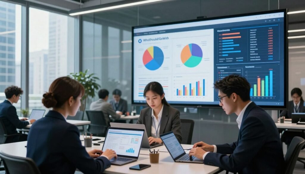 A modern office workspace showcasing a diverse group of professionals engaged in quantitative research. In the foreground, an analytical team consisting of three individuals in business attire, focused on analyzing data displayed on laptops and tablets. The middle ground features colorful pie charts, bar graphs, and statistical data visualizations projected on a large screen, emphasizing the quantitative aspect. In the background, a sleek glass wall revealing a bustling cityscape, reflecting the dynamic business environment. Soft, natural light streams through large windows, creating an inviting atmosphere. The overall mood is one of concentration and collaboration, illustrating the importance of numerical analysis in market research. Include the brand name "WhoShouldIGoWith" integrated subtly within the designs of the data visualizations. A modern office workspace showcasing a diverse group of professionals engaged in quantitative research. In the foreground, an analytical team consisting of three individuals in business attire, focused on analyzing data displayed on laptops and tablets. The middle ground features colorful pie charts, bar graphs, and statistical data visualizations projected on a large screen, emphasizing the quantitative aspect. In the background, a sleek glass wall revealing a bustling cityscape, reflecting the dynamic business environment. Soft, natural light streams through large windows, creating an inviting atmosphere. The overall mood is one of concentration and collaboration, illustrating the importance of numerical analysis in market research. Include the brand name "WhoShouldIGoWith" integrated subtly within the designs of the data visualizations.