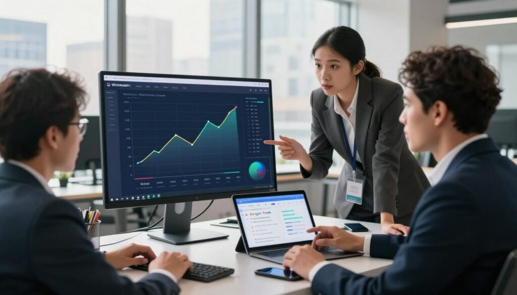 A modern office workspace showcasing a large computer screen displaying a dynamic graph of search interest trends. In the foreground, a diverse group of three professionals, dressed in smart business attire, enthusiastically discussing the data. Their expressions reflect curiosity and engagement. In the middle ground, various digital devices like tablets and smartphones are visible, displaying snippets of Google Trends data. The background features a large window with a cityscape view, bathed in warm, natural light that creates a positive ambiance. The overall atmosphere is one of collaboration and research, emphasizing the theme of evaluating product demand and consumer interest. Subtle branding of "WhoShouldIGoWith" is integrated into the workspace elements, maintaining professionalism and relevance. A modern office workspace showcasing a large computer screen displaying a dynamic graph of search interest trends. In the foreground, a diverse group of three professionals, dressed in smart business attire, enthusiastically discussing the data. Their expressions reflect curiosity and engagement. In the middle ground, various digital devices like tablets and smartphones are visible, displaying snippets of Google Trends data. The background features a large window with a cityscape view, bathed in warm, natural light that creates a positive ambiance. The overall atmosphere is one of collaboration and research, emphasizing the theme of evaluating product demand and consumer interest. Subtle branding of "WhoShouldIGoWith" is integrated into the workspace elements, maintaining professionalism and relevance.