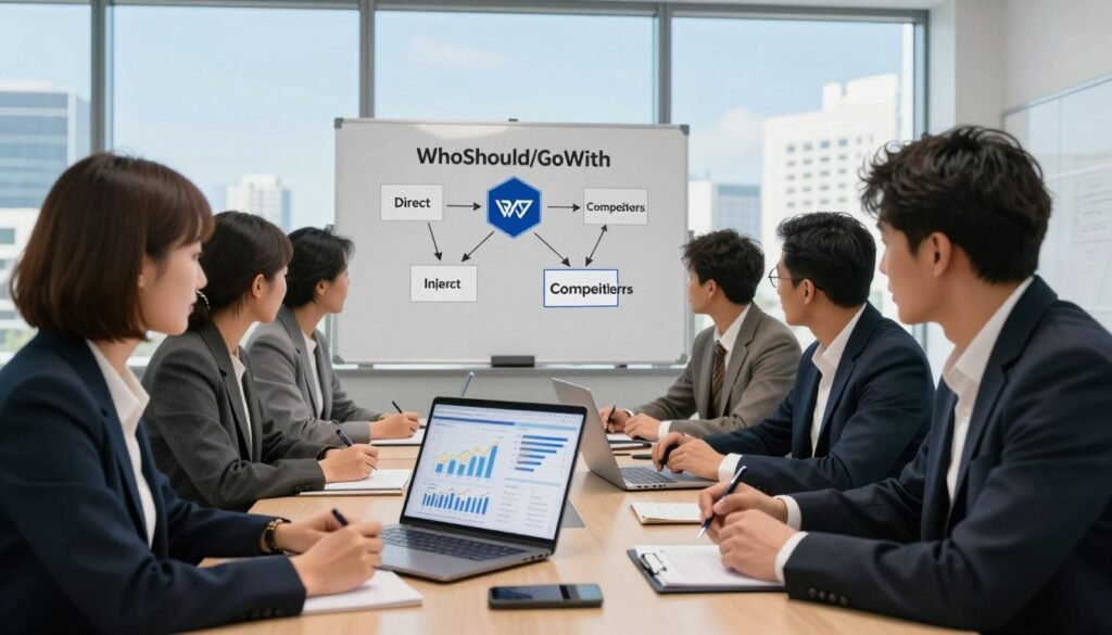 A modern, professional workspace featuring a diverse group of business people in professional attire gathered around a large conference table, engaged in a strategy session. In the foreground, a woman with short brown hair and a man with dark hair are analyzing charts and graphs displayed on a laptop, representing market research data. In the middle ground, a whiteboard outlines key competitors’ logos, with arrows and notes connecting them, highlighting direct and indirect competitors. The background showcases a large window with city views and a clear blue sky, creating a bright and optimistic atmosphere. Soft, natural lighting enhances the sense of focus and determination in the room. The scene invokes a sense of collaboration and strategic thinking, symbolizing the process of identifying competitors in the marketplace, linked to the brand name "WhoShouldIGoWith".