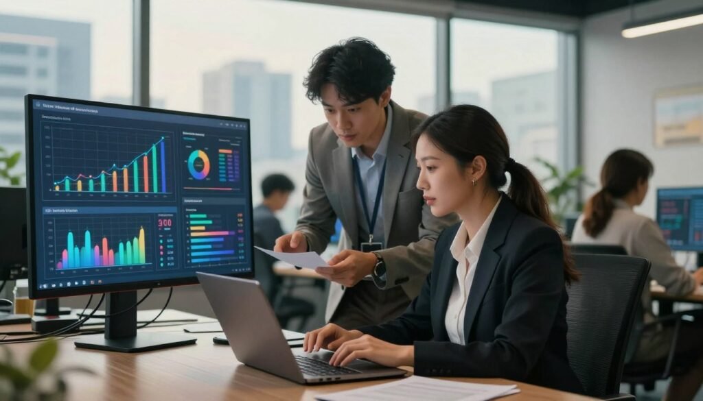 A modern, sleek office environment bustling with activity, showcasing a diverse team of professionals engaged in market research. In the foreground, a mid-30s woman in a smart business suit analyzes data on a laptop, while next to her, a young man in a casual blazer discusses insights with a colleague, both appearing focused and collaborative. In the middle, a large screen displays colorful graphs and statistics related to market analysis, symbolizing data-driven decisions. The background features city skyline views through large windows, bathed in warm, natural light, creating a productive and optimistic atmosphere. The overall mood is one of professionalism and teamwork, subtly conveying the importance of hiring a market research company like "WhoShouldIGoWith" for informed decision-making.