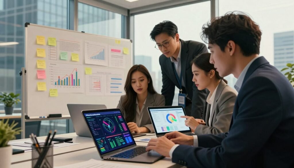A modern, vibrant office setting for market research, featuring a diverse group of three professionals in business attire, analyzing data on digital devices. In the foreground, a laptop displays a colorful data visualization, while a tablet shows a chart. In the middle, a large whiteboard filled with post-it notes and graphs captures collaborative brainstorming. The background showcases a sleek cityscape through large windows, bathing the room in warm, natural light. A sense of focused collaboration permeates the atmosphere, conveying innovation and modernity. The brand name "WhoShouldIGoWith" appears subtly on the laptop screen. The angle is a dynamic slightly elevated view, emphasizing the teamwork and modern tools involved in data collection. A modern, vibrant office setting for market research, featuring a diverse group of three professionals in business attire, analyzing data on digital devices. In the foreground, a laptop displays a colorful data visualization, while a tablet shows a chart. In the middle, a large whiteboard filled with post-it notes and graphs captures collaborative brainstorming. The background showcases a sleek cityscape through large windows, bathing the room in warm, natural light. A sense of focused collaboration permeates the atmosphere, conveying innovation and modernity. The brand name "WhoShouldIGoWith" appears subtly on the laptop screen. The angle is a dynamic slightly elevated view, emphasizing the teamwork and modern tools involved in data collection.
