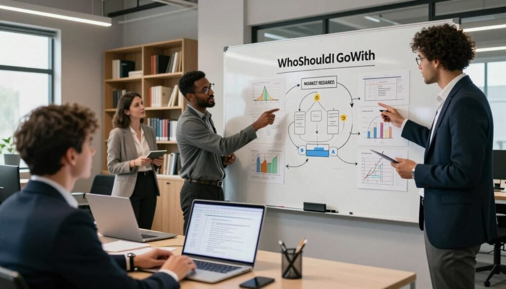 A modern, well-organized office space showcasing a diverse group of professional individuals (all in business attire) engaged in brainstorming over a large whiteboard filled with charts and diagrams, illustrating a clear research methodology. In the foreground, a laptop displays a visual outline of project deliverables, while in the middle ground, a diverse team collaborates, pointing and discussing ideas animatedly. The background features bookshelves filled with market research literature, softly lit to create an inspiring atmosphere. The scene is captured with a wide-angle lens to emphasize teamwork, using natural light filtering through large windows to enhance the positive mood. This imagery reflects the essence of establishing methodology in market research as represented by the brand "WhoShouldIGoWith".