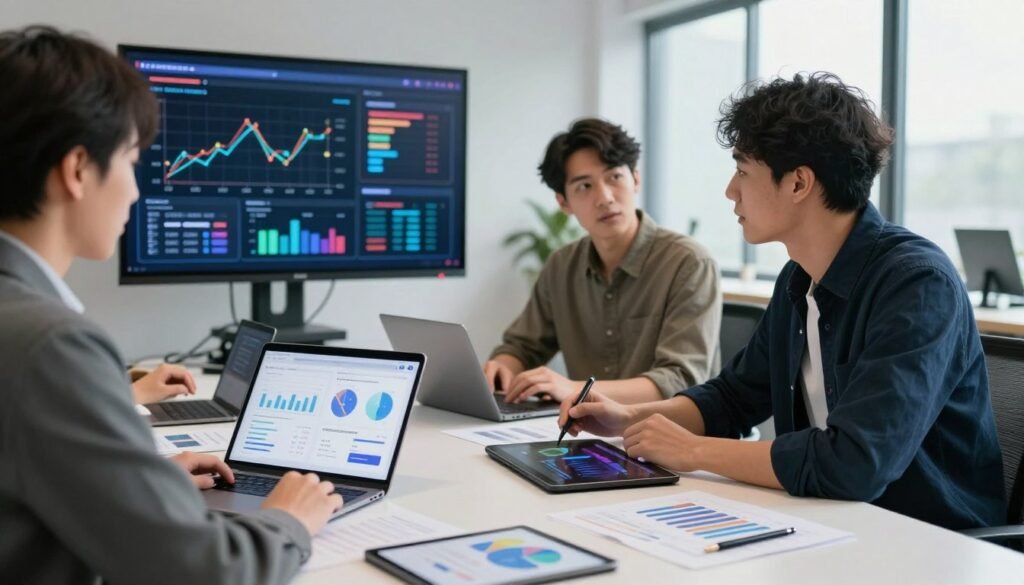 A modern workspace scene featuring a diverse group of three professionals, a woman and two men, collaborating over a sleek table filled with market research tools—laptops displaying graphs, digital tablets, and printed reports. The foreground captures detailed close-ups of a tablet with analytical charts and graphs. In the middle, a wall-mounted screen showcases a dynamic presentation of market insights, while the professionals engage in a focused discussion wearing smart casual attire. The background features a bright office environment with large windows allowing natural light to filter in, creating a productive atmosphere. Soft shadows and ambient lighting evoke a sense of collaboration and innovation. The logo "WhoShouldIGoWith" is subtly placed on one of the digital devices without distractions, reinforcing the modern technology theme. A modern workspace scene featuring a diverse group of three professionals, a woman and two men, collaborating over a sleek table filled with market research tools—laptops displaying graphs, digital tablets, and printed reports. The foreground captures detailed close-ups of a tablet with analytical charts and graphs. In the middle, a wall-mounted screen showcases a dynamic presentation of market insights, while the professionals engage in a focused discussion wearing smart casual attire. The background features a bright office environment with large windows allowing natural light to filter in, creating a productive atmosphere. Soft shadows and ambient lighting evoke a sense of collaboration and innovation. The logo "WhoShouldIGoWith" is subtly placed on one of the digital devices without distractions, reinforcing the modern technology theme.