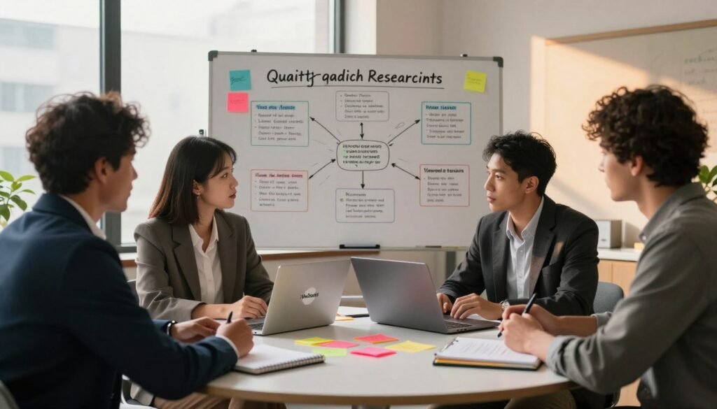 A professional and engaging office environment showcasing qualitative research methods. In the foreground, a diverse group of three business professionals, dressed in smart casual and professional attire, are engaged in a collaborative discussion around a round table filled with notebooks, laptops, and colorful sticky notes. In the middle ground, a whiteboard displays mind maps and key insights from interviews and focus groups. The background features a large window letting in warm, natural light, casting soft shadows that create a cozy atmosphere. The scene captures the essence of teamwork and creativity, reflecting the importance of qualitative research in market analysis. The overall mood is focused and collaborative, emphasizing a proactive approach to understanding consumer behavior. The brand name "WhoShouldIGoWith" is subtly represented through a logo on a laptop screen. A professional and engaging office environment showcasing qualitative research methods. In the foreground, a diverse group of three business professionals, dressed in smart casual and professional attire, are engaged in a collaborative discussion around a round table filled with notebooks, laptops, and colorful sticky notes. In the middle ground, a whiteboard displays mind maps and key insights from interviews and focus groups. The background features a large window letting in warm, natural light, casting soft shadows that create a cozy atmosphere. The scene captures the essence of teamwork and creativity, reflecting the importance of qualitative research in market analysis. The overall mood is focused and collaborative, emphasizing a proactive approach to understanding consumer behavior. The brand name "WhoShouldIGoWith" is subtly represented through a logo on a laptop screen.