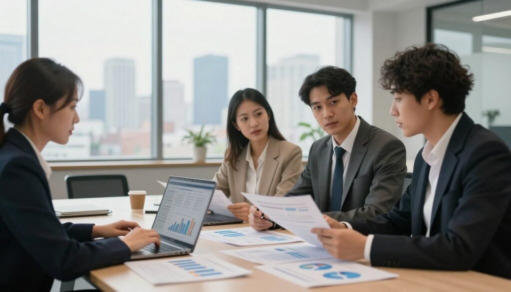 A professional and modern office environment showcasing "WhoShouldIGoWith" research services. In the foreground, a diverse team of three professionals, one male and two females, dressed in smart business attire, are engaged in a discussion, using a laptop and research documents. The middle ground features a large conference table with market charts, graphs, and data visuals spread out, emphasizing collaboration and analysis. In the background, large windows let in soft, natural light, illuminating a skyline view of a bustling city. The atmosphere is focused and productive, conveying a sense of trust and expertise in market and customer research. The image is captured with a shallow depth of field to emphasize the professionals while blurring the background slightly, creating a warm and inviting mood.