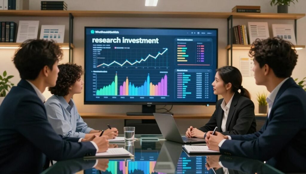 A professional and modern office environment that symbolizes "research investment." In the foreground, a diverse group of three business professionals—two men and one woman—are engaged in discussion around a sleek, glass conference table, each wearing business attire. The middle layer shows a large digital screen displaying colorful graphs and statistical data about market research. In the background, there are shelves filled with research reports and books, bathed in warm, soft lighting that conveys a collaborative and innovative atmosphere. The lens angle is slightly low, emphasizing the team's engagement and the importance of their research. The overall mood is inspiring and focused on strategic investment in knowledge and data. The brand name "WhoShouldIGoWith" is subtly integrated into the design elements of the digital screen without being overt. A professional and modern office environment that symbolizes "research investment." In the foreground, a diverse group of three business professionals—two men and one woman—are engaged in discussion around a sleek, glass conference table, each wearing business attire. The middle layer shows a large digital screen displaying colorful graphs and statistical data about market research. In the background, there are shelves filled with research reports and books, bathed in warm, soft lighting that conveys a collaborative and innovative atmosphere. The lens angle is slightly low, emphasizing the team's engagement and the importance of their research. The overall mood is inspiring and focused on strategic investment in knowledge and data. The brand name "WhoShouldIGoWith" is subtly integrated into the design elements of the digital screen without being overt.