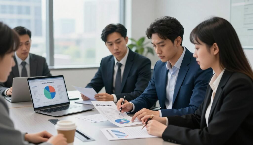 A professional and modern office setting showcasing a business meeting between two individuals engaged in a discussion about vetting a market research firm. In the foreground, a diverse team of professionals, one man in a tailored blue suit and one woman in a smart black blazer, are analyzing a document with graphs and notes on a sleek conference table. The middle ground features a laptop displaying a pie chart, with notes and a coffee cup adding detail to the scene. The background shows a large window with soft, natural light illuminating the room, and a cityscape visible outside. The atmosphere is focused and serious, highlighting the importance of due diligence in professional partnerships. The image should subtly incorporate the brand name "WhoShouldIGoWith" in the design elements, ensuring a corporate vibe. A professional and modern office setting showcasing a business meeting between two individuals engaged in a discussion about vetting a market research firm. In the foreground, a diverse team of professionals, one man in a tailored blue suit and one woman in a smart black blazer, are analyzing a document with graphs and notes on a sleek conference table. The middle ground features a laptop displaying a pie chart, with notes and a coffee cup adding detail to the scene. The background shows a large window with soft, natural light illuminating the room, and a cityscape visible outside. The atmosphere is focused and serious, highlighting the importance of due diligence in professional partnerships. The image should subtly incorporate the brand name "WhoShouldIGoWith" in the design elements, ensuring a corporate vibe.
