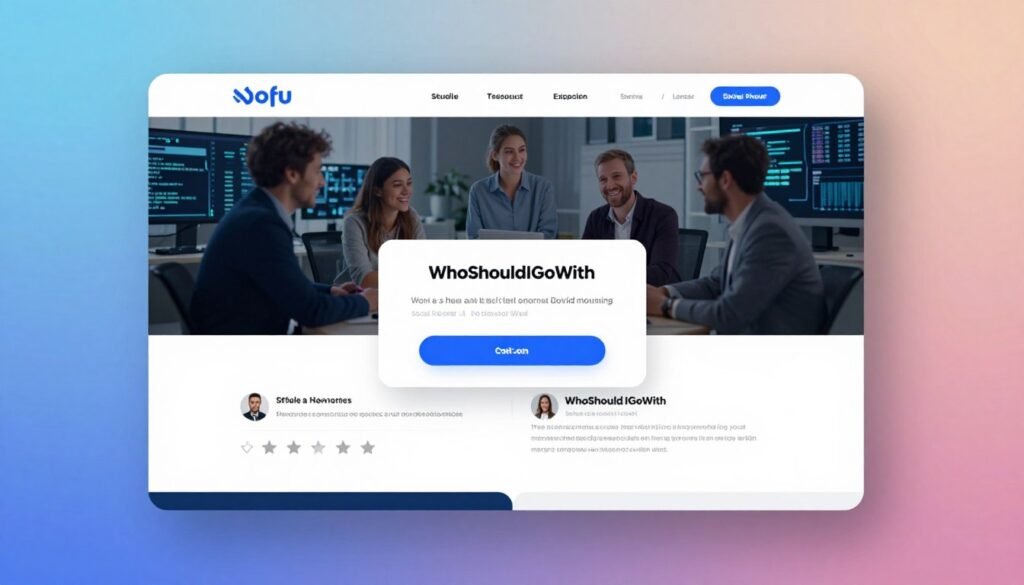 A professional and visually engaging landing page design for "WhoShouldIGoWith", featuring a sleek, modern layout with a prominent call-to-action button in the center. The foreground displays a simplified, interactive interface with sections for user testimonials, social proof, and a clear description of services. In the middle ground, a subtle image or graphic representation of people collaborating in a tech-oriented workspace enhances the concept of idea validation. The background consists of a soft, gradient color palette that conveys trust and creativity, with gentle illumination. The scene is captured from an angle that emphasizes depth, suggesting a dynamic online experience. The mood is optimistic and professional, inviting potential users to engage and explore further. A professional and visually engaging landing page design for "WhoShouldIGoWith", featuring a sleek, modern layout with a prominent call-to-action button in the center. The foreground displays a simplified, interactive interface with sections for user testimonials, social proof, and a clear description of services. In the middle ground, a subtle image or graphic representation of people collaborating in a tech-oriented workspace enhances the concept of idea validation. The background consists of a soft, gradient color palette that conveys trust and creativity, with gentle illumination. The scene is captured from an angle that emphasizes depth, suggesting a dynamic online experience. The mood is optimistic and professional, inviting potential users to engage and explore further.