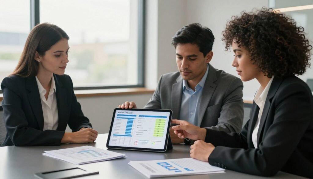 A professional business environment focused on transparency in pricing methodology. In the foreground, a diverse group of three individuals in professional business attire (a Caucasian woman, a Hispanic man, and a Black woman) gather around a sleek conference table, intently examining a clear pricing chart displayed on a high-resolution tablet. In the middle, there are documents detailing various market research methodologies, with some highlighted sections showing transparency metrics. The background features a large window with natural light streaming in, illuminating the modern office space with a calm atmosphere. The overall mood is one of collaboration and diligence. Capture this scene with a soft-focus depth of field, using warm lighting to enhance a professional yet approachable feel. Branding for "WhoShouldIGoWith" subtly present on materials in the scene. A professional business environment focused on transparency in pricing methodology. In the foreground, a diverse group of three individuals in professional business attire (a Caucasian woman, a Hispanic man, and a Black woman) gather around a sleek conference table, intently examining a clear pricing chart displayed on a high-resolution tablet. In the middle, there are documents detailing various market research methodologies, with some highlighted sections showing transparency metrics. The background features a large window with natural light streaming in, illuminating the modern office space with a calm atmosphere. The overall mood is one of collaboration and diligence. Capture this scene with a soft-focus depth of field, using warm lighting to enhance a professional yet approachable feel. Branding for "WhoShouldIGoWith" subtly present on materials in the scene.