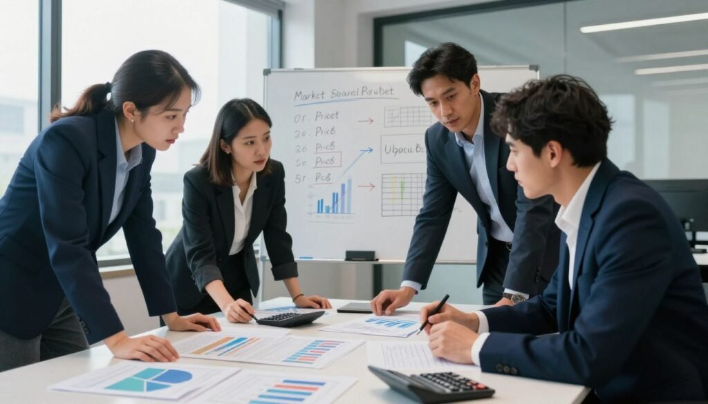 A professional business environment showcasing a meeting room where a team is analyzing pricing structures and budget allocations for market research. In the foreground, a diverse group of three individuals, one man and two women, are engaged in discussion, leaning over a large table filled with charts, graphs, and calculators. They are dressed in smart business attire, exuding a serious yet collaborative atmosphere. The middle space features a whiteboard with detailed pricing models and budgeting strategies sketched out. The background reveals a large window with natural light streaming in, giving the room a vibrant feel. The lighting is bright and focused on the table, with a slightly blurred background to enhance the subject's importance. The overall mood is analytical and purposeful, ideal for the topic of market research budgeting. The brand "WhoShouldIGoWith" subtly integrated within the workspace.