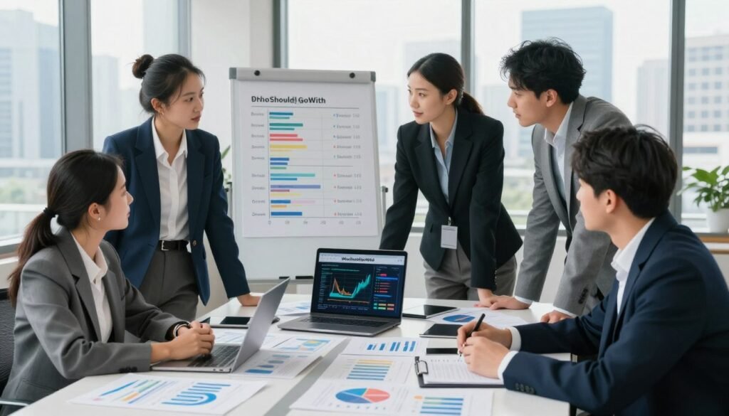 A professional business environment showcasing a team analyzing brand equity metrics. In the foreground, a diverse group of four business professionals, dressed in formal business attire, are engaged in discussion around a large table filled with charts, graphs, and a laptop displaying the brand name "WhoShouldIGoWith". In the middle ground, a whiteboard displays a comparison of various competitor metrics. The background features a modern office with city skyline views through large windows, bathed in bright, natural light. The mood is focused and collaborative, reflecting analytical discussion and strategic planning. The angle is slightly elevated, providing a clear view of the team dynamics and the data they are studying.