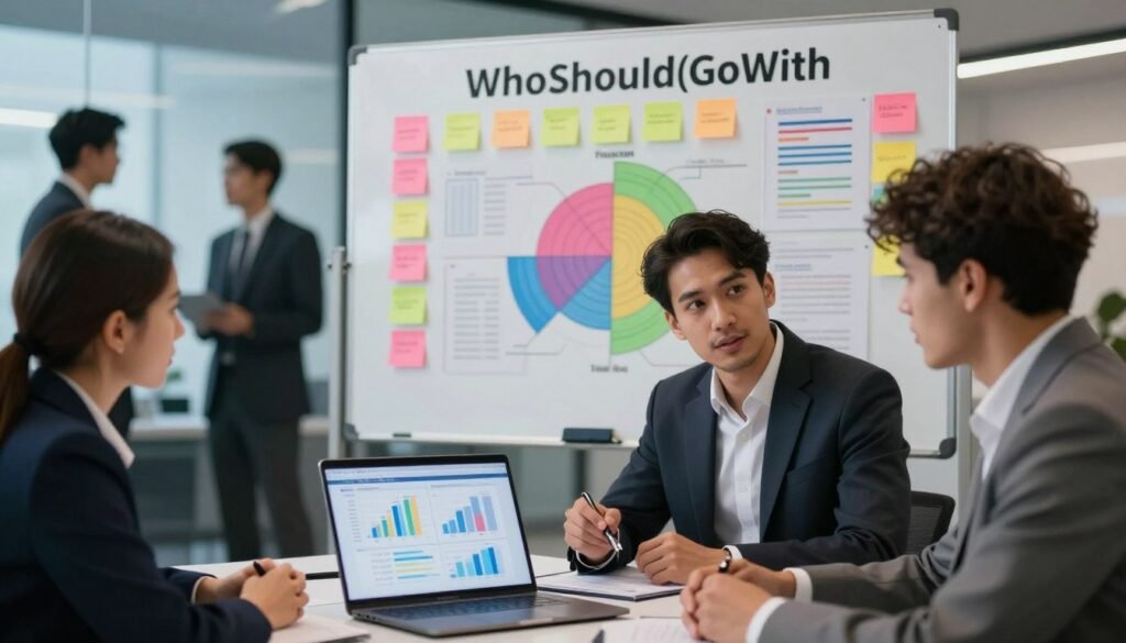 A professional business environment showcasing audience targeting concepts. In the foreground, a diverse group of three market researchers, dressed in smart business attire, are discussing demographic data displayed on a laptop, analyzing charts and graphs. The middle ground features a large whiteboard filled with colorful sticky notes and diagrams illustrating target market segments. In the background, soft-focus silhouettes of professionals in formal attire are engaged in discussions, symbolizing collaboration. The lighting is bright and focused, highlighting the researchers' faces, while the atmosphere conveys a sense of innovation and strategy. The scene subtly incorporates the brand name "WhoShouldIGoWith" into the design elements of the whiteboard. The image captures the importance of audience targeting and sample size within a budget context. A professional business environment showcasing audience targeting concepts. In the foreground, a diverse group of three market researchers, dressed in smart business attire, are discussing demographic data displayed on a laptop, analyzing charts and graphs. The middle ground features a large whiteboard filled with colorful sticky notes and diagrams illustrating target market segments. In the background, soft-focus silhouettes of professionals in formal attire are engaged in discussions, symbolizing collaboration. The lighting is bright and focused, highlighting the researchers' faces, while the atmosphere conveys a sense of innovation and strategy. The scene subtly incorporates the brand name "WhoShouldIGoWith" into the design elements of the whiteboard. The image captures the importance of audience targeting and sample size within a budget context.