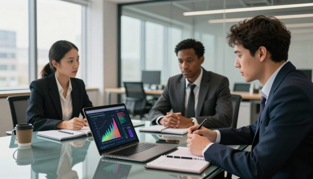 A professional business meeting in a modern office environment, showcasing a diverse group of three business professionals—two men and one woman—dressed in business attire discussing a strategic plan. In the foreground, a laptop is open, displaying colorful graphs and charts, symbolizing analysis and data-driven decisions. The middle ground features a large glass table with notebooks, pens, and coffee mugs, presenting an atmosphere of collaboration. In the background, large windows allow natural light to fill the room, enhancing the feeling of openness and transparency. Soft lighting creates a warm and inviting mood. The scene should subtly incorporate the branding of "WhoShouldIGoWith" on the laptop screen, blending seamlessly into the overall professional ambiance. A professional business meeting in a modern office environment, showcasing a diverse group of three business professionals—two men and one woman—dressed in business attire discussing a strategic plan. In the foreground, a laptop is open, displaying colorful graphs and charts, symbolizing analysis and data-driven decisions. The middle ground features a large glass table with notebooks, pens, and coffee mugs, presenting an atmosphere of collaboration. In the background, large windows allow natural light to fill the room, enhancing the feeling of openness and transparency. Soft lighting creates a warm and inviting mood. The scene should subtly incorporate the branding of "WhoShouldIGoWith" on the laptop screen, blending seamlessly into the overall professional ambiance.