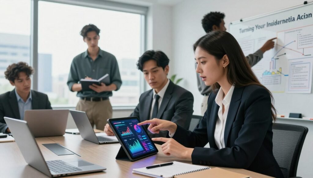 A professional business meeting scene depicting a diverse group of three individuals analyzing data and insights from competitor research. In the foreground, a woman in smart business attire points at a vibrant digital tablet displaying graphs and charts, her expression focused and enthusiastic. Beside her, a man in a suit takes notes, while another colleague, casually dressed yet professional, gestures towards a whiteboard filled with strategies and actionable insights. The middle ground features a sleek conference table with laptops, pens, and notebooks scattered about. In the background, large windows allow natural light to flood the room, illuminating a city skyline. The mood is collaborative and dynamic, embodying the theme of "Turning Your Research Insights into Action" with a sense of motivation and clarity. Brand name: WhoShouldIGoWith.