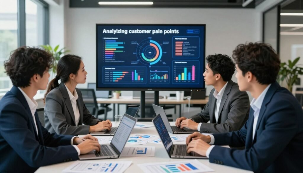A professional business meeting scene focused on "analyzing customer pain points." In the foreground, a diverse group of three business professionals, dressed in smart business attire, deeply engaged around a table cluttered with charts, graphs, and laptops displaying key performance indicators. The middle ground features a large screen displaying a dynamic infographic about customer pain analysis. The background shows an open office space with large windows, soft natural light illuminating the scene, and greenery outside adding a refreshing element. The mood is collaborative and intense, emphasizing the seriousness of understanding customer issues. The brand name "WhoShouldIGoWith" is subtly integrated into one of the charts on the table, ensuring a professional appearance. A professional business meeting scene focused on "analyzing customer pain points." In the foreground, a diverse group of three business professionals, dressed in smart business attire, deeply engaged around a table cluttered with charts, graphs, and laptops displaying key performance indicators. The middle ground features a large screen displaying a dynamic infographic about customer pain analysis. The background shows an open office space with large windows, soft natural light illuminating the scene, and greenery outside adding a refreshing element. The mood is collaborative and intense, emphasizing the seriousness of understanding customer issues. The brand name "WhoShouldIGoWith" is subtly integrated into one of the charts on the table, ensuring a professional appearance.