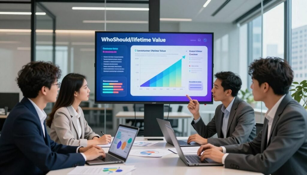 A professional business meeting scene focused on maximizing customer lifetime value through targeted outreach. In the foreground, a diverse group of four business professionals—two women and two men—are engaged in a vibrant discussion around a table. They are dressed in smart business attire, with laptops and documents in front of them, showcasing graphs and charts related to customer segmentation strategies. The middle ground features a large digital screen displaying colorful infographics about customer lifetime value. In the background, a modern office space with transparent glass walls and cityscape views, softly lit by natural light streaming through large windows. The atmosphere is collaborative and energetic, emphasizing innovation and strategy, with the brand logo "WhoShouldIGoWith" subtly integrated into a presentation slide.