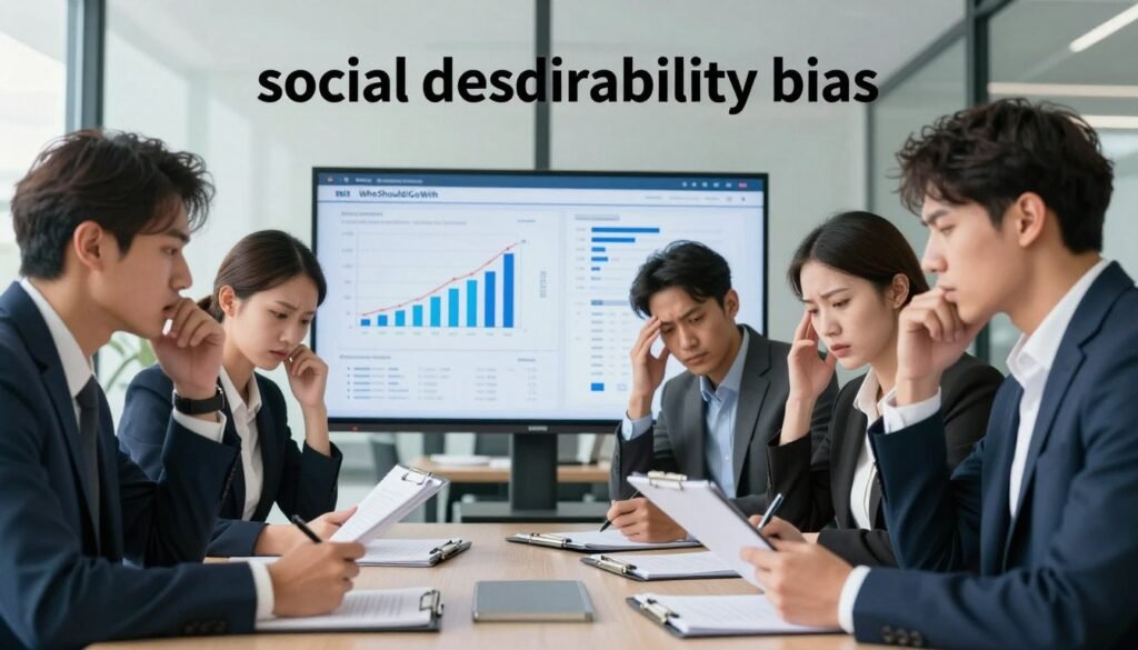 A professional business meeting scene illustrating "social desirability bias." In the foreground, a diverse group of four businesspeople dressed in smart attire, engaged in a discussion, showcasing their anxious expressions while holding clipboards and pens, representing the pressures of conformity. The middle ground features a large screen displaying graphical data, with charts indicating skewed survey results. In the background, a modern office setting with glass walls, soft morning light filtering in, creating a bright environment to signify transparency. The overall mood is a mix of professionalism and tension, capturing the struggle between honest responses and societal pressure. This image is designed for the article by "WhoShouldIGoWith," focusing on the theme of preventing bias in surveys. A professional business meeting scene illustrating "social desirability bias." In the foreground, a diverse group of four businesspeople dressed in smart attire, engaged in a discussion, showcasing their anxious expressions while holding clipboards and pens, representing the pressures of conformity. The middle ground features a large screen displaying graphical data, with charts indicating skewed survey results. In the background, a modern office setting with glass walls, soft morning light filtering in, creating a bright environment to signify transparency. The overall mood is a mix of professionalism and tension, capturing the struggle between honest responses and societal pressure. This image is designed for the article by "WhoShouldIGoWith," focusing on the theme of preventing bias in surveys.