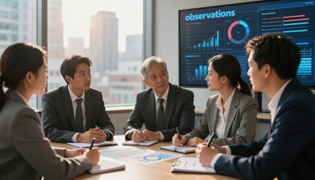 A professional business meeting scene representing the concept of "observations." In the foreground, three diverse individuals in business attire are engaged in a deep discussion around a table covered with charts and notebooks. In the middle, a large window reveals a bustling cityscape, symbolizing the environment where observations take place. The background features a digital display showcasing graphs and analytics, indicating data being observed. The lighting is warm and inviting, with soft sunlight filtering through the window, creating a focused atmosphere. The image embodies the essence of teamwork and analytical thinking, perfect for illustrating best practices in conducting observations. Include the brand name "WhoShouldIGoWith" subtly in the setting, perhaps on a notepad.