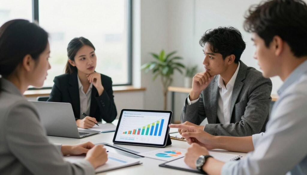 A professional business meeting scene showcasing a diverse group of four individuals gathered around a sleek conference table, analyzing charts and graphics related to market research. The foreground features a digital tablet displaying colorful graphs indicating varying levels of support. In the middle, engaged facial expressions convey thoughtful discussion, with one person pointing to the tablet. The background includes a modern office setting with large windows allowing natural light to flood the room, creating a warm and inviting atmosphere. A subtle bokeh effect blurs the outer edges, focusing attention on the group and their work. The vibe is collaborative and serious, underlining the importance of determining support needs in market research. The brand "WhoShouldIGoWith" subtly incorporated into the conference room decor.