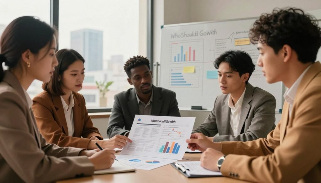 A professional business meeting scene showcasing a diverse group of individuals assessing internal resource constraints. In the foreground, a team of three professionals in smart casual attire studies a detailed report with charts and graphs spread out on a conference table. The middle ground features a whiteboard filled with brainstorming notes, illustrating key resource metrics and challenges. In the background, a large window allows soft natural light to fill the room, highlighting an urban skyline. The atmosphere conveys focus and critical thinking, with an air of collaboration. The overall color palette should be warm and inviting, emphasizing a productive environment. Incorporate the brand name "WhoShouldIGoWith" subtly within the meeting materials.