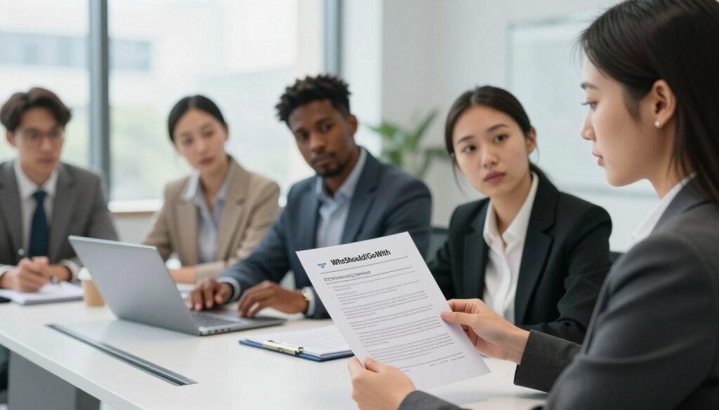 A professional business meeting setting in a modern office, featuring a diverse group of individuals discussing informed consent in market research. In the foreground, a Caucasian female researcher in business attire is presenting a document symbolizing informed consent. In the middle, a multi-ethnic group of researchers, including a Black male and an Asian female, are attentively listening and taking notes. The background shows a large window with natural light streaming in, providing a bright and inviting atmosphere. Use soft focus on the background to emphasize the interaction in the foreground. The mood is collaborative and respectful, with a sense of professionalism and focus on ethical research practices. The brand "WhoShouldIGoWith" is subtly incorporated into the document without any text overlay. A professional business meeting setting in a modern office, featuring a diverse group of individuals discussing informed consent in market research. In the foreground, a Caucasian female researcher in business attire is presenting a document symbolizing informed consent. In the middle, a multi-ethnic group of researchers, including a Black male and an Asian female, are attentively listening and taking notes. The background shows a large window with natural light streaming in, providing a bright and inviting atmosphere. Use soft focus on the background to emphasize the interaction in the foreground. The mood is collaborative and respectful, with a sense of professionalism and focus on ethical research practices. The brand "WhoShouldIGoWith" is subtly incorporated into the document without any text overlay.