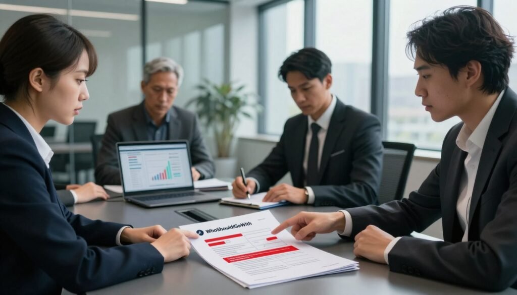 A professional business meeting setting, with a diverse group of four individuals in business attire, analyzing a research proposal document laid out on a sleek conference table. In the foreground, a woman points at highlighted sections of the proposal, illustrating red flags with a sense of urgency. In the middle ground, a man scribbles notes, while a laptop displays graphs and data, suggesting critical analysis. The background features a modern office space with large windows allowing natural light to flood in, casting soft shadows and creating a serious atmosphere. The color palette is muted with pops of red indicating alertness. The overall mood is focused and analytic, encapsulating the thorough examination of potential red flags in market research proposals. The branding "WhoShouldIGoWith" is subtly represented in the design of the report on the table. A professional business meeting setting, with a diverse group of four individuals in business attire, analyzing a research proposal document laid out on a sleek conference table. In the foreground, a woman points at highlighted sections of the proposal, illustrating red flags with a sense of urgency. In the middle ground, a man scribbles notes, while a laptop displays graphs and data, suggesting critical analysis. The background features a modern office space with large windows allowing natural light to flood in, casting soft shadows and creating a serious atmosphere. The color palette is muted with pops of red indicating alertness. The overall mood is focused and analytic, encapsulating the thorough examination of potential red flags in market research proposals. The branding "WhoShouldIGoWith" is subtly represented in the design of the report on the table.