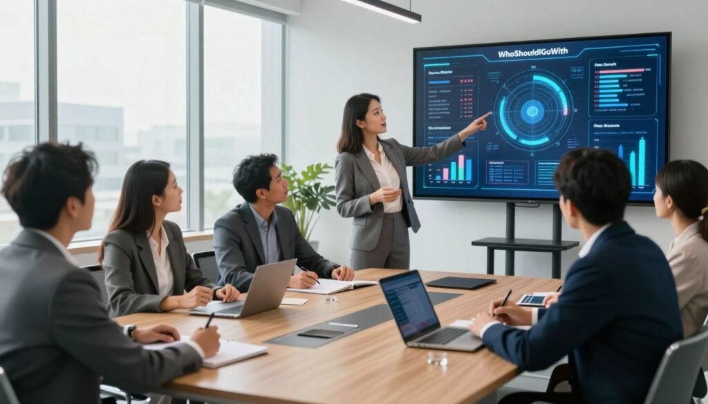 A professional business setting depicting a group of diverse businesspeople engaged in a strategic meeting around a stylish conference table. In the foreground, a confident woman in a tailored business suit gestures towards a large digital screen displaying dynamic charts, graphs, and visuals representing various pricing strategies. The middle ground features attentive colleagues, both men and women, taking notes and discussing ideas, all dressed in professional attire. The background showcases a bright, modern office with large windows allowing natural light to illuminate the space, creating an optimistic atmosphere. Use a wide-angle perspective to capture the collaborative energy in the room. The overall mood is focused and dynamic, embodying the alignment of pricing strategies with business goals. Include the brand name "WhoShouldIGoWith" subtly integrated into the digital display.
