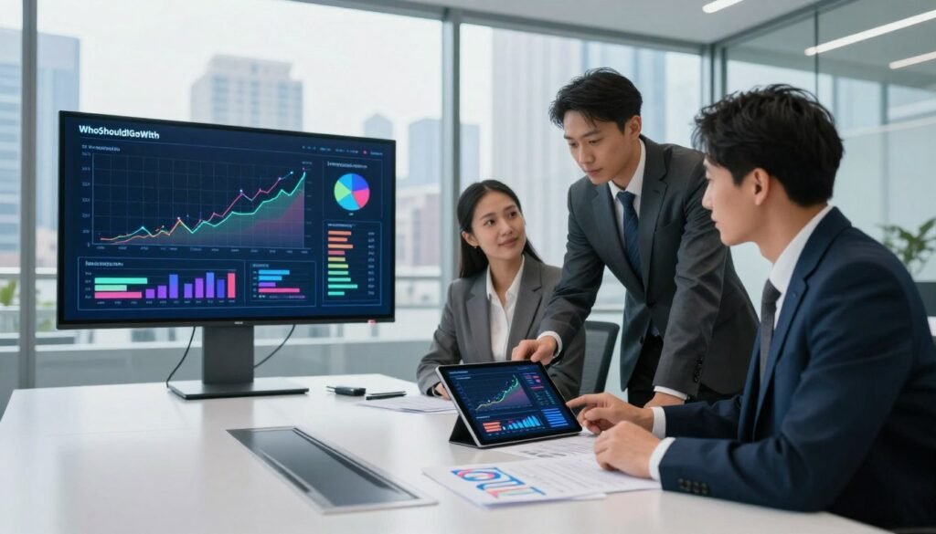 A professional business setting displaying market size trends. In the foreground, a diverse group of three business professionals in formal attire gathered around a large digital tablet showing colorful graphs and charts, indicating market growth and trends. In the middle, a sleek modern conference table with papers and market analysis reports. Background features a glass wall with a city skyline view, bright natural lighting pouring in, reflecting a sense of optimism and clarity. The scene should have a polished, corporate atmosphere with a focus on collaboration and analysis. The aspect ratio is panoramic for a broader view, highlighting the dynamic aspects of market research. Emphasize innovation and professionalism. Include the brand name "WhoShouldIGoWith" subtly integrated into the design of the digital tablet. A professional business setting displaying market size trends. In the foreground, a diverse group of three business professionals in formal attire gathered around a large digital tablet showing colorful graphs and charts, indicating market growth and trends. In the middle, a sleek modern conference table with papers and market analysis reports. Background features a glass wall with a city skyline view, bright natural lighting pouring in, reflecting a sense of optimism and clarity. The scene should have a polished, corporate atmosphere with a focus on collaboration and analysis. The aspect ratio is panoramic for a broader view, highlighting the dynamic aspects of market research. Emphasize innovation and professionalism. Include the brand name "WhoShouldIGoWith" subtly integrated into the design of the digital tablet.