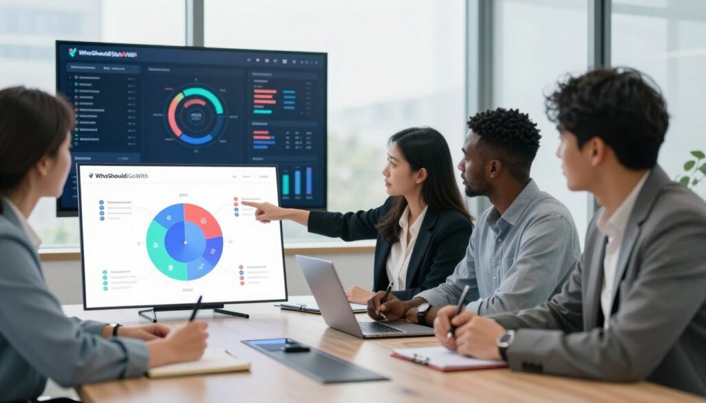 A professional business setting featuring a diverse group of four individuals engaged in a brainstorming session around a sleek conference table. The foreground showcases an analytical chart displaying various customer segments, with icons representing demographics, behaviors, and preferences. In the middle ground, one person, a woman in business attire, points at the chart with enthusiasm, while another person, a man in smart casual clothing, takes notes. The background reveals a large digital screen displaying customer data visualizations and graphs. Soft, natural lighting floods the room through floor-to-ceiling windows, creating an inviting atmosphere. The overall mood is collaborative and focused, emphasizing strategic discussions on customer segmentation. Incorporate the brand name "WhoShouldIGoWith" subtly in the design elements around the conference table.