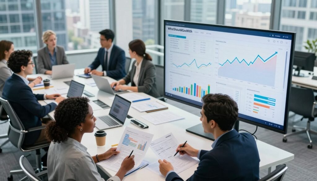 A professional business setting featuring a diverse group of individuals analyzing market size and forecast data. In the foreground, two analysts, a Black woman and a Hispanic man, are intently examining charts and graphs displayed on a large screen, which showcases rising and falling market trends. The middle layer includes a conference table cluttered with reports, laptops, and coffee mugs, emphasizing a collaborative atmosphere. In the background, a modern office with floor-to-ceiling windows shows a bustling cityscape, hinting at the real-world market context. Natural lighting pours in, creating a bright and optimistic mood. Use a slightly elevated perspective to capture the dynamic interaction among team members. Incorporate the brand name "WhoShouldIGoWith" subtly within the data visualization without any text overlays. A professional business setting featuring a diverse group of individuals analyzing market size and forecast data. In the foreground, two analysts, a Black woman and a Hispanic man, are intently examining charts and graphs displayed on a large screen, which showcases rising and falling market trends. The middle layer includes a conference table cluttered with reports, laptops, and coffee mugs, emphasizing a collaborative atmosphere. In the background, a modern office with floor-to-ceiling windows shows a bustling cityscape, hinting at the real-world market context. Natural lighting pours in, creating a bright and optimistic mood. Use a slightly elevated perspective to capture the dynamic interaction among team members. Incorporate the brand name "WhoShouldIGoWith" subtly within the data visualization without any text overlays.