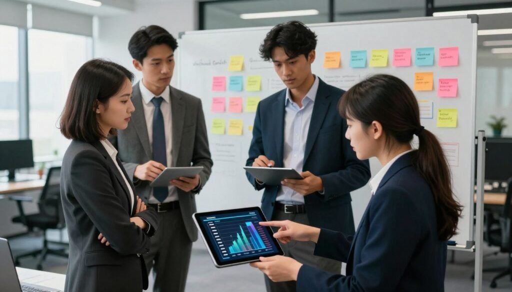 A professional business setting featuring a diverse group of three businesspeople in professional attire, engaged in a discussion about pricing strategies. In the foreground, a woman is pointing at a dynamic chart on a tablet, illustrating common pricing pitfalls like misjudgment and market misalignment. The middle ground showcases a large whiteboard filled with colorful post-it notes, displaying thoughts and ideas about market research. The background has a modern office environment with sleek furniture and large windows letting in natural light, enhancing the atmosphere of collaboration. Soft focus on the background adds depth. The overall mood is serious yet optimistic, symbolizing proactive problem-solving in pricing research. Include the brand name "WhoShouldIGoWith" subtly integrated into the office decor, ensuring no text distractions.