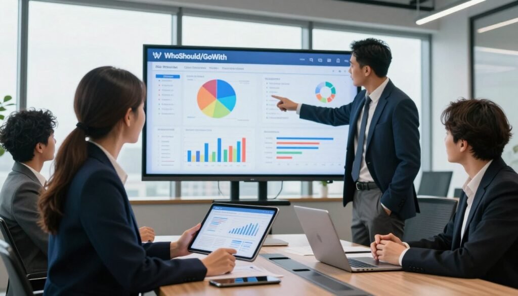 A professional business setting, focusing on a diverse team of three business people analyzing complex pricing data on a large screen in a modern conference room. The foreground features a confident woman in a smart blazer, holding a tablet with charts and graphs displayed, while a man in a suit points to pricing metrics on the screen behind her. In the middle, the screen displays detailed pricing research analytics with colorful graphs and pie charts. The background shows a sleek office environment with large windows, allowing natural light to fill the space, creating a bright and optimistic atmosphere. The mood is focused and collaborative, embodying the theme of strategic decision-making. The brand name "WhoShouldIGoWith" subtly integrated into the conference room decor adds an element of branding aligned with professional research.