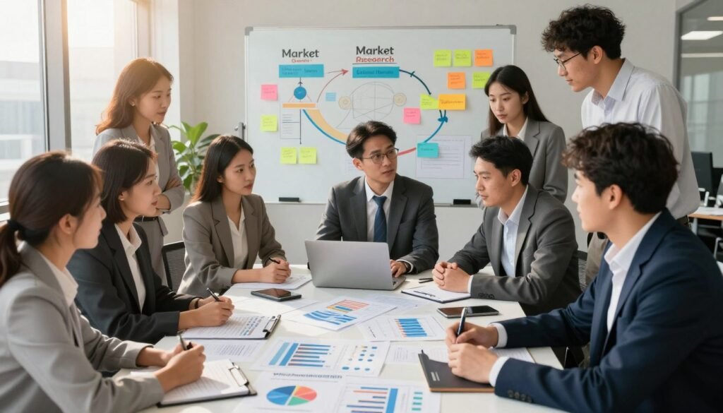 A professional business setting highlighting the essential steps for conducting market research. In the foreground, a diverse group of business professionals, including a man in a tailored suit and a woman in smart casual attire, are gathered around a large table strewn with charts, graphs, and market analysis reports. In the middle background, a whiteboard filled with colorful diagrams and sticky notes illustrating key market research phases. The atmosphere is collaborative and focused, with natural light pouring in from large windows, casting a warm glow over the scene. Capture this from a slightly elevated angle to emphasize the interaction and engagement. The brand name "WhoShouldIGoWith" subtly incorporated into a chart on the table to anchor the subject matter. A professional business setting highlighting the essential steps for conducting market research. In the foreground, a diverse group of business professionals, including a man in a tailored suit and a woman in smart casual attire, are gathered around a large table strewn with charts, graphs, and market analysis reports. In the middle background, a whiteboard filled with colorful diagrams and sticky notes illustrating key market research phases. The atmosphere is collaborative and focused, with natural light pouring in from large windows, casting a warm glow over the scene. Capture this from a slightly elevated angle to emphasize the interaction and engagement. The brand name "WhoShouldIGoWith" subtly incorporated into a chart on the table to anchor the subject matter.