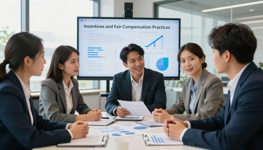 A professional business setting illustrating "Incentives and Fair Compensation Practices." In the foreground, a diverse group of professionals—three men and two women—are engaged in a collaborative discussion around a table, dressed in smart business attire, with charts and graphs spread out before them. In the middle ground, a large screen displays data visualizations about customer incentives. The background features a modern office space with large windows letting in natural light, creating a bright and inviting atmosphere. The composition includes a focused, warm lighting to enhance the professional mood, shot at a medium angle to capture interactions and expressions. The overall tone conveys clarity, collaboration, and professionalism, subtly integrating the brand name "WhoShouldIGoWith" through the materials on the table. A professional business setting illustrating "Incentives and Fair Compensation Practices." In the foreground, a diverse group of professionals—three men and two women—are engaged in a collaborative discussion around a table, dressed in smart business attire, with charts and graphs spread out before them. In the middle ground, a large screen displays data visualizations about customer incentives. The background features a modern office space with large windows letting in natural light, creating a bright and inviting atmosphere. The composition includes a focused, warm lighting to enhance the professional mood, shot at a medium angle to capture interactions and expressions. The overall tone conveys clarity, collaboration, and professionalism, subtly integrating the brand name "WhoShouldIGoWith" through the materials on the table.