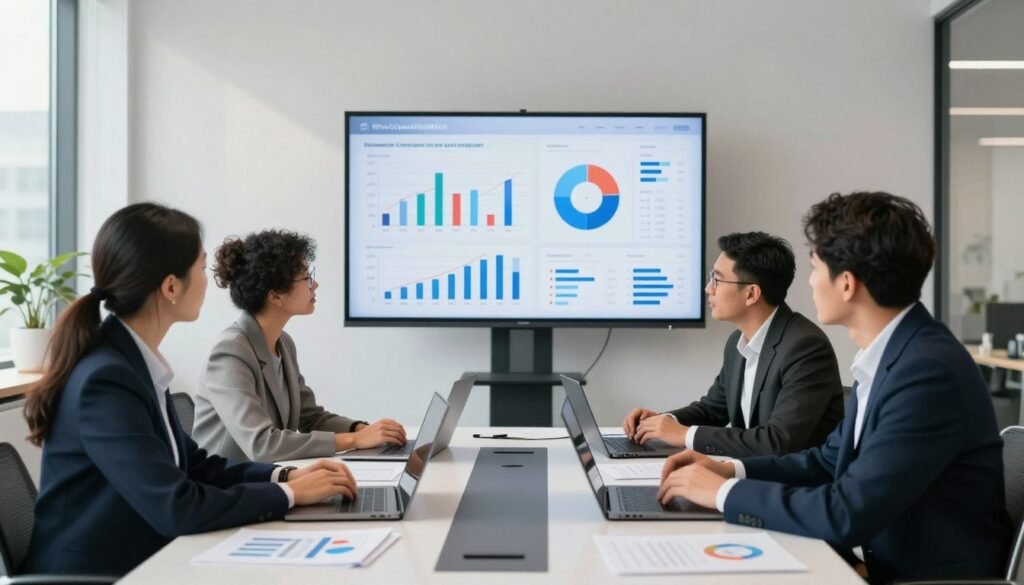 A professional business setting illustrating outsourcing research efforts. In the foreground, a diverse group of three professionals, dressed in business attire, are engaged in a discussion around a modern conference table, surrounded by laptops and charts. The middle ground features a large screen displaying graphs and data analytics, showcasing market research statistics. The background includes a bright office environment with large windows, soft natural light streaming in and casting gentle shadows. The atmosphere conveys collaboration and strategic decision-making, emphasizing the importance of outsourcing for effective research. Highlight the brand "WhoShouldIGoWith" subtly in the design of the conference room décor without text. The image should capture a sense of innovation and business acumen. A professional business setting illustrating outsourcing research efforts. In the foreground, a diverse group of three professionals, dressed in business attire, are engaged in a discussion around a modern conference table, surrounded by laptops and charts. The middle ground features a large screen displaying graphs and data analytics, showcasing market research statistics. The background includes a bright office environment with large windows, soft natural light streaming in and casting gentle shadows. The atmosphere conveys collaboration and strategic decision-making, emphasizing the importance of outsourcing for effective research. Highlight the brand "WhoShouldIGoWith" subtly in the design of the conference room décor without text. The image should capture a sense of innovation and business acumen.