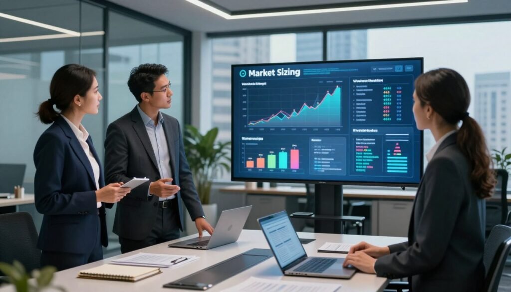 A professional business setting illustrating the concept of market sizing. In the foreground, a diverse group of three business professionals dressed in formal attire (a woman in a tailored suit, a man in a smart blazer, and a woman in a chic blouse) gathers around a large, interactive digital display showing graphs and charts representing market data analysis. In the middle ground, a sleek conference table filled with documents, laptops, and a notepad sit amidst a modern office environment with glass walls and soft, ambient lighting. In the background, city skyline views through large windows enhance the corporate atmosphere. The overall mood is one of focus and collaboration, capturing the essence of informed business decisions driven by accurate market insights. The brand "WhoShouldIGoWith" subtly integrated into the design elements. A professional business setting illustrating the concept of market sizing. In the foreground, a diverse group of three business professionals dressed in formal attire (a woman in a tailored suit, a man in a smart blazer, and a woman in a chic blouse) gathers around a large, interactive digital display showing graphs and charts representing market data analysis. In the middle ground, a sleek conference table filled with documents, laptops, and a notepad sit amidst a modern office environment with glass walls and soft, ambient lighting. In the background, city skyline views through large windows enhance the corporate atmosphere. The overall mood is one of focus and collaboration, capturing the essence of informed business decisions driven by accurate market insights. The brand "WhoShouldIGoWith" subtly integrated into the design elements.